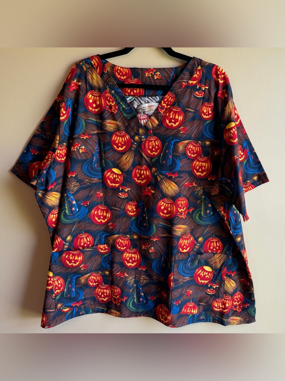 VTG Halloween Scrub Top Jack O Lantern Pumpkins Witch Hats Short Sleeve Size 4X - Picture 4 of 16